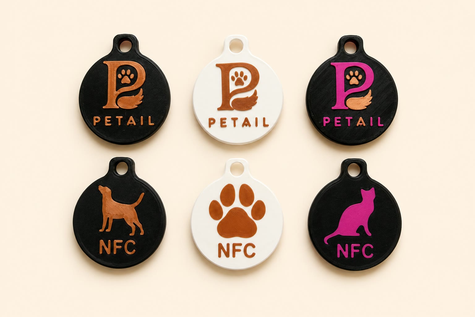 Real black and white round Petail NFC tags with copper and pink details